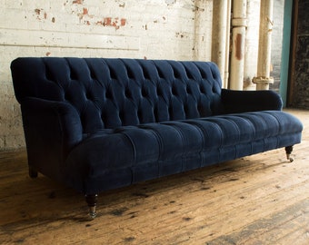 3 Seater Navy Blue Velvet Chesterfield Sofa British Handmade