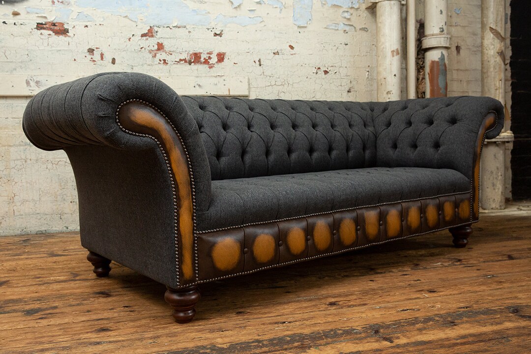 3 Seater Dark Grey Herringbone Wool Chesterfield Sofa, Antique Tan ...