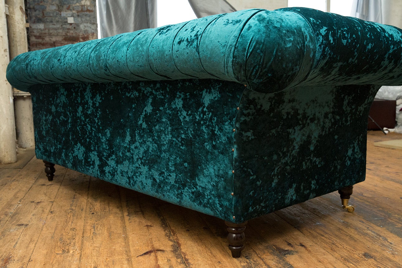 British Handmade 3 Seater Dark Teal Crushed Velvet Chesterfield Sofa ...