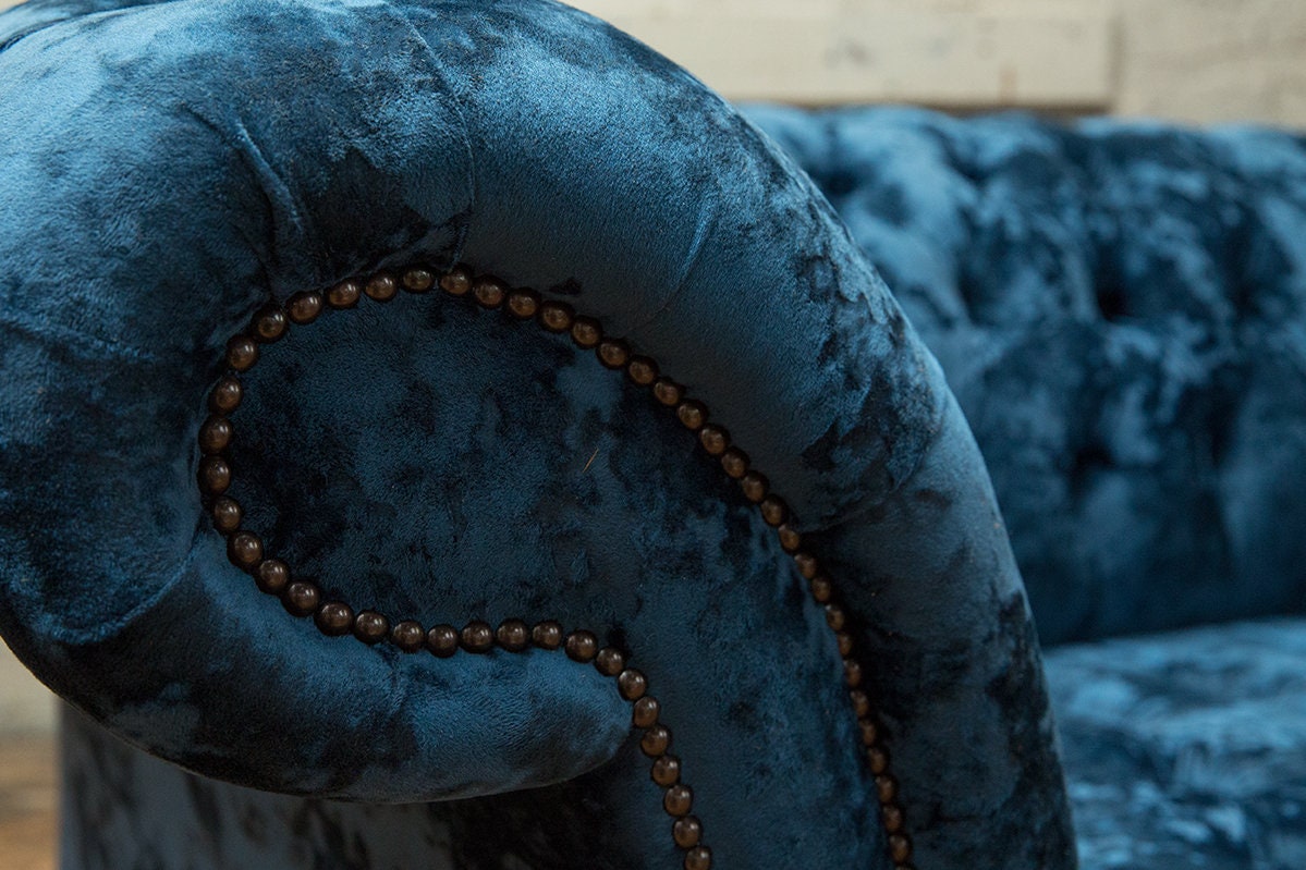 British Handmade Navy Blue Crushed Velvet 3 Seater Chesterfield Sofa ...