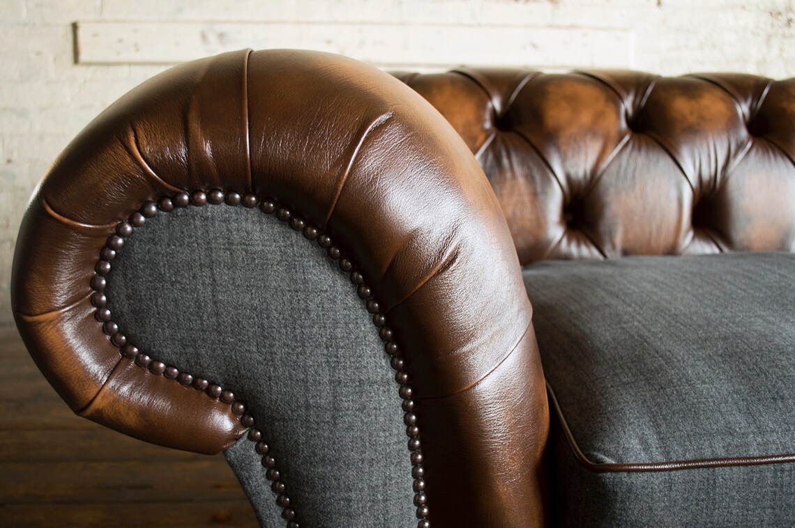 3 Seater Antique Tan Leather Chesterfield Sofa, Grey Wool, British ...