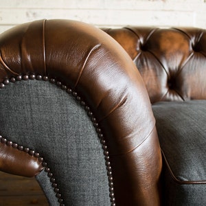 3 Seater Antique Tan Leather Chesterfield Sofa, Grey Wool, British ...