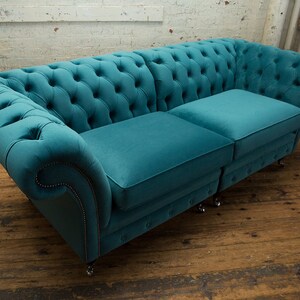 British Handmade 3 Seater Teal Blue Velvet Chesterfield Sofa - Split ...