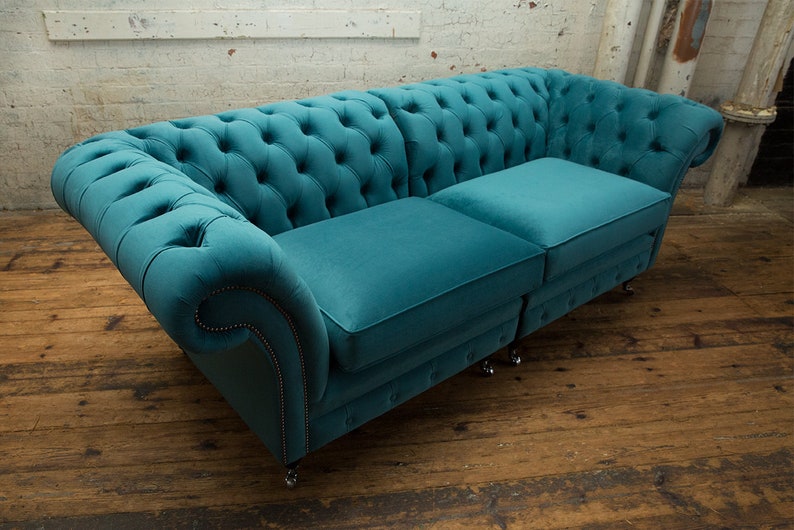 British Handmade 3 Seater Teal Blue Velvet Chesterfield Sofa - Split ...