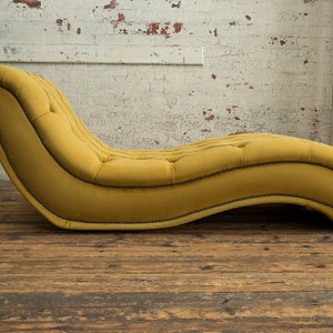 Mustard Velvet Fabric Chesterfield Chaise Lounge Chair, British Handmade image 2