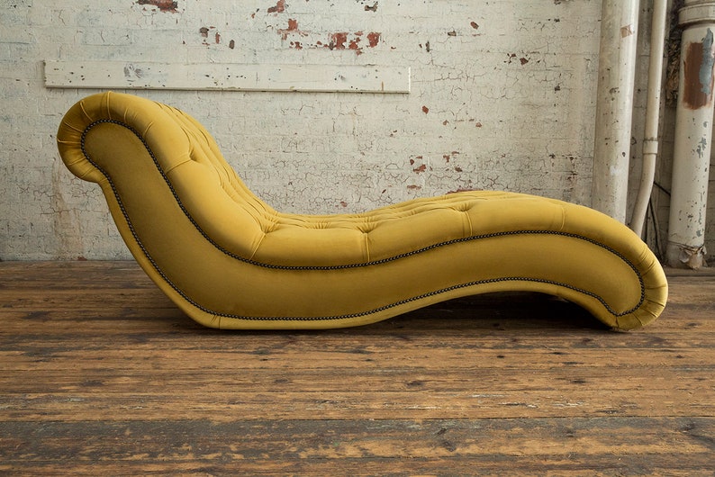 Mustard Velvet Fabric Chesterfield Chaise Lounge Chair, British Handmade image 2