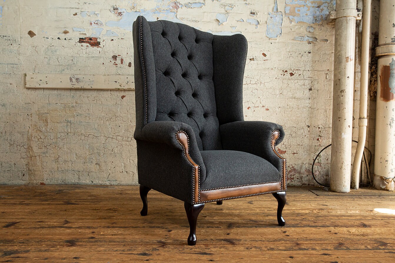 British Handmade Dark Grey Herringbone Wool High Back Wing Chair