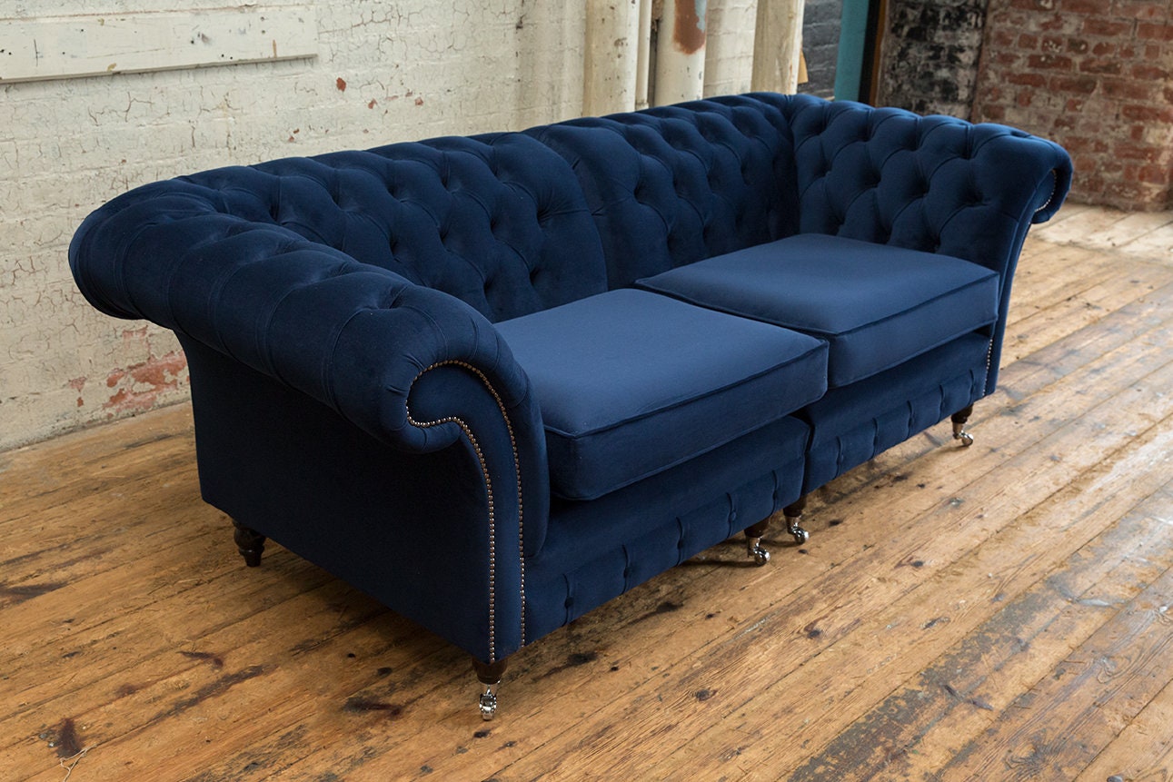 British Handmade 3 Seater Navy Blue Velvet Chesterfield Sofa - Split ...