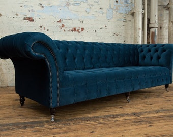 British Handmade 4 places Ocean Navy Blue Velvet Tissu Chesterfield Canapé