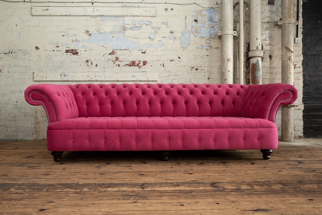 British Handmade Large 4 Seater Soft Cerise Pink Velvet