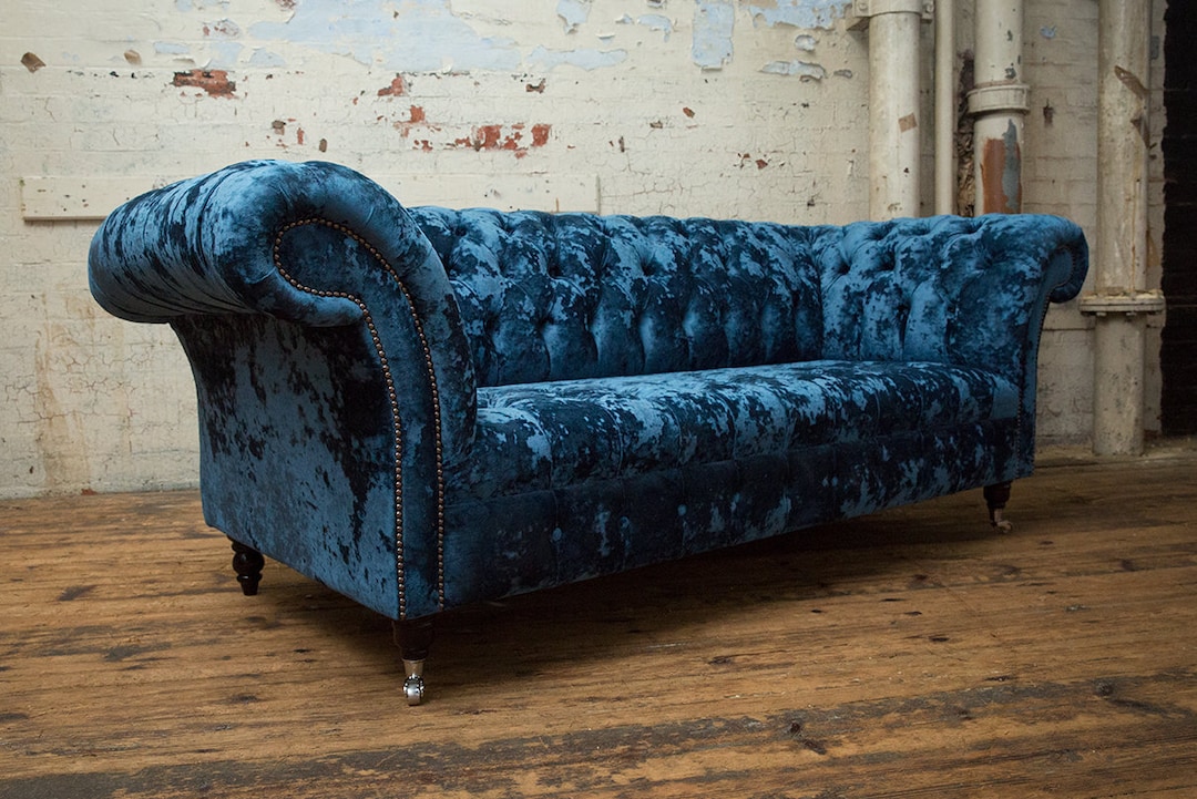 British Handmade Navy Blue Crushed Velvet 3 Seater Chesterfield Sofa ...