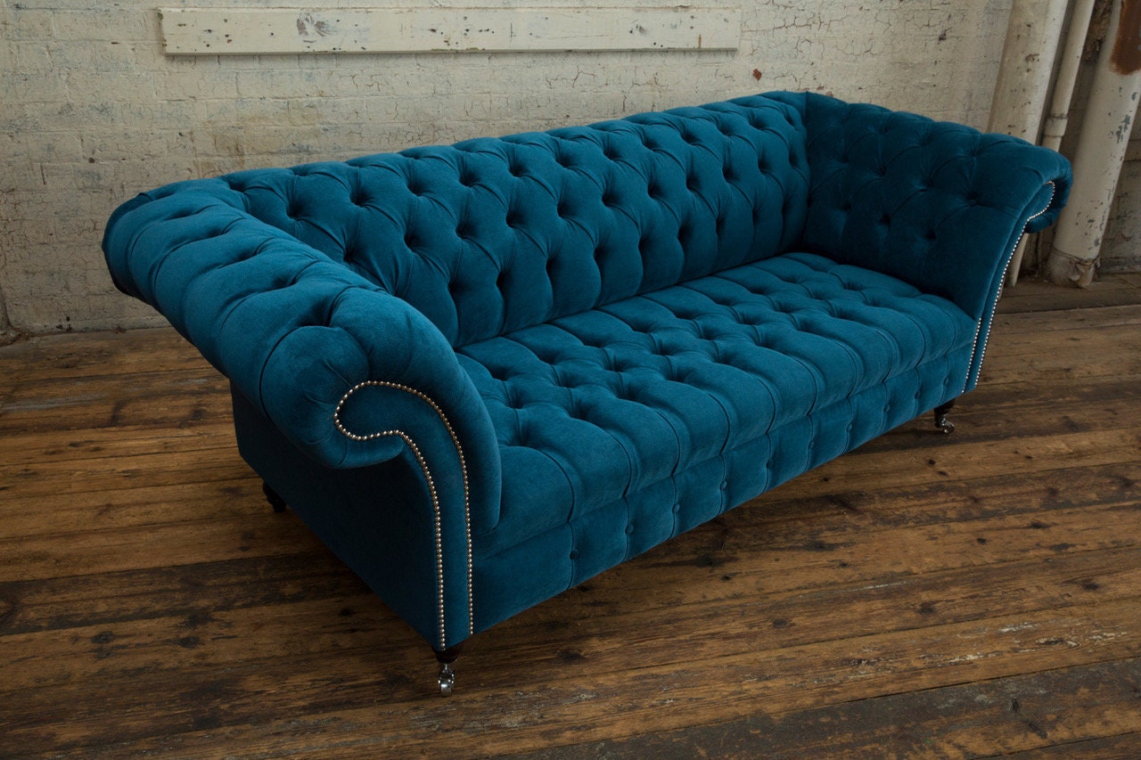 3 Seater Teal Blue Velvet Chesterfield Sofa, British Handmade - Etsy UK