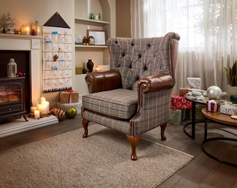 British Handmade Tan Brown Herringbone Tweed with Antique Tan Leather High Round Back Wing Chair