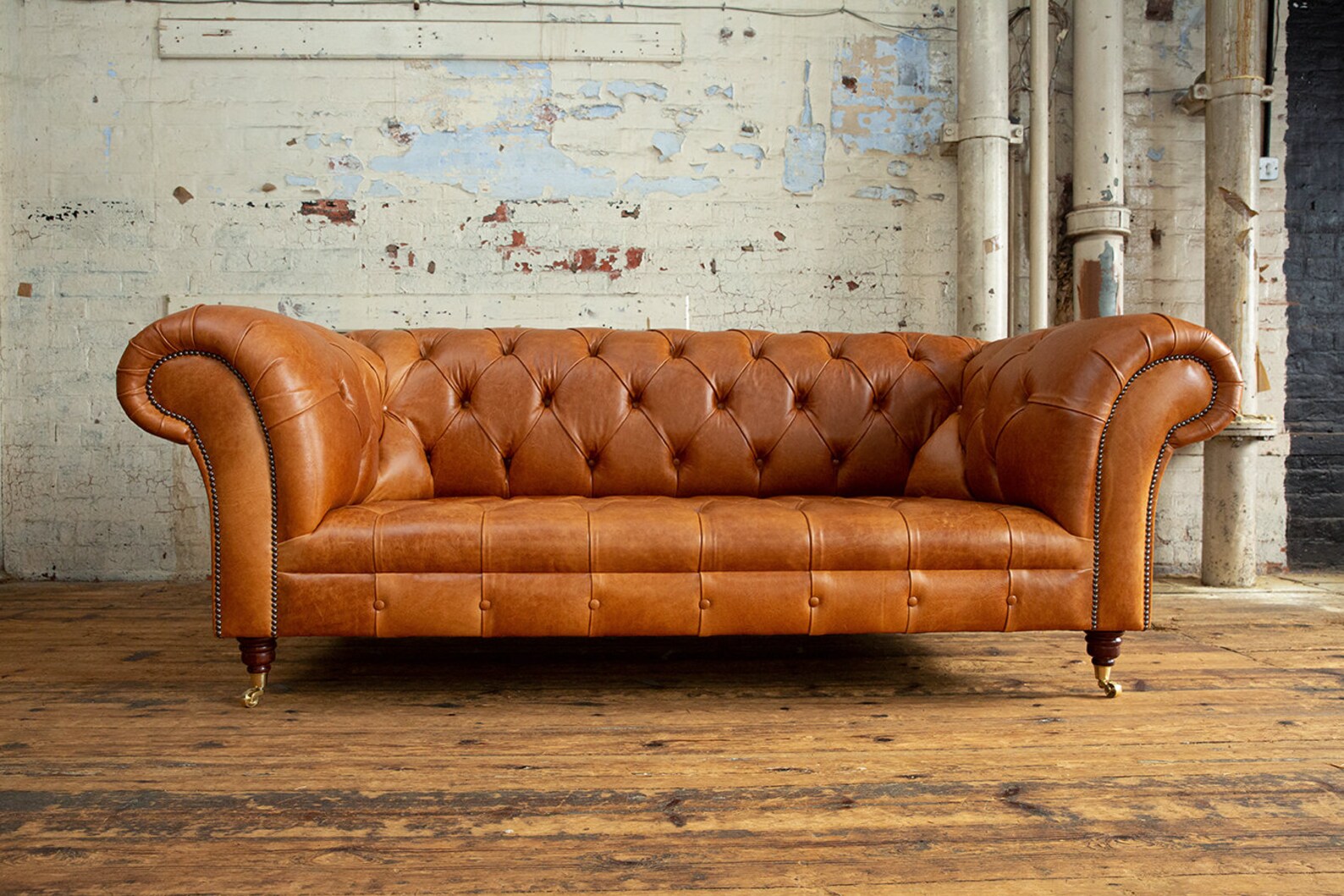 British Handmade 3 Seater Vintage Tan Brown Leather Chesterfield Sofa ...