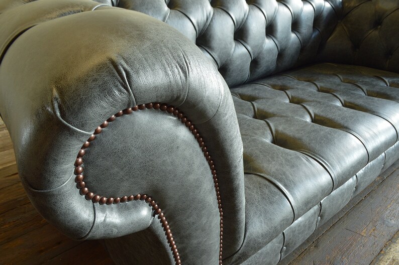 British Handmade 3 Seater Grey Leather Chesterfield Sofa image 4