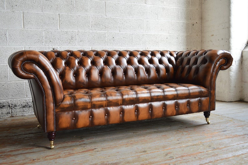 Handmade 3 Seater Antique Tan Leather Chesterfield Sofa, Couch, Settee Other Colours image 1