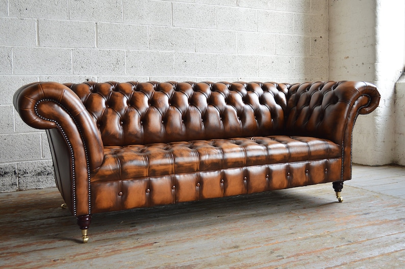 Handmade 3 Seater Antique Tan Leather Chesterfield Sofa, Couch, Settee ...