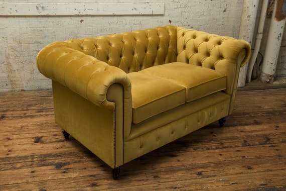 British Handmade 2 Seater Mustard Yellow Velvet Chesterfield Sofa