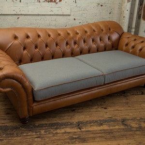 Handmade Vintage Tan Leather With Grey Linen 3 Seater Chesterfield Sofa ...