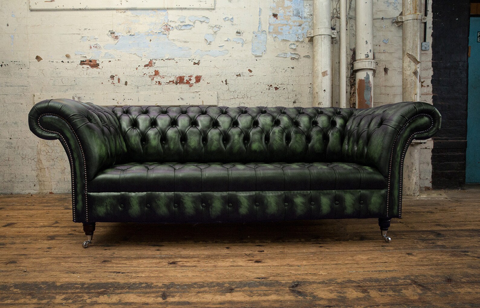 Handmade Traditional 3 Seater Antique Green Leather Chesterfield Sofa ...
