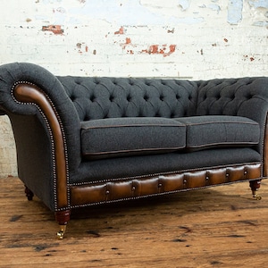 2 Seater Dark Grey Herringbone Wool Chesterfield Sofa, Antique Tan Leather, British Handmade