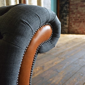 British Handmade Dark Grey Wool & Vintage Tan Leather Chesterfield ...