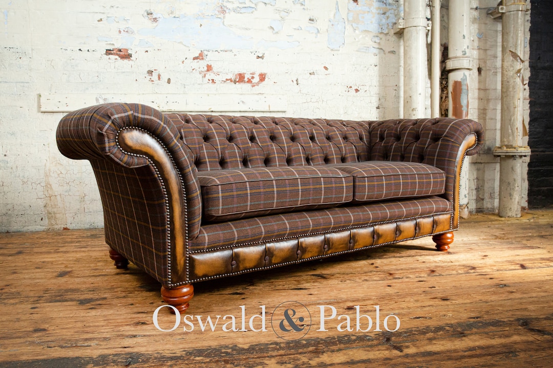 British Handmade 3 Seater Dark Brown Tweed Chesterfield Sofa - Antique ...
