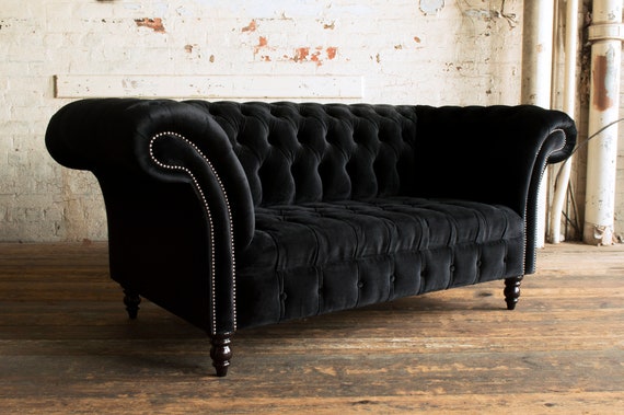 Tegenhanger haalbaar reparatie British Handmade Black Soft Velvet 2 Seater Chesterfield Sofa - Etsy