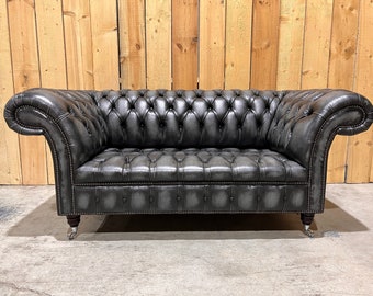 2 Seater Antique Grey / Black Leather Chesterfield Sofa, British Handmade,