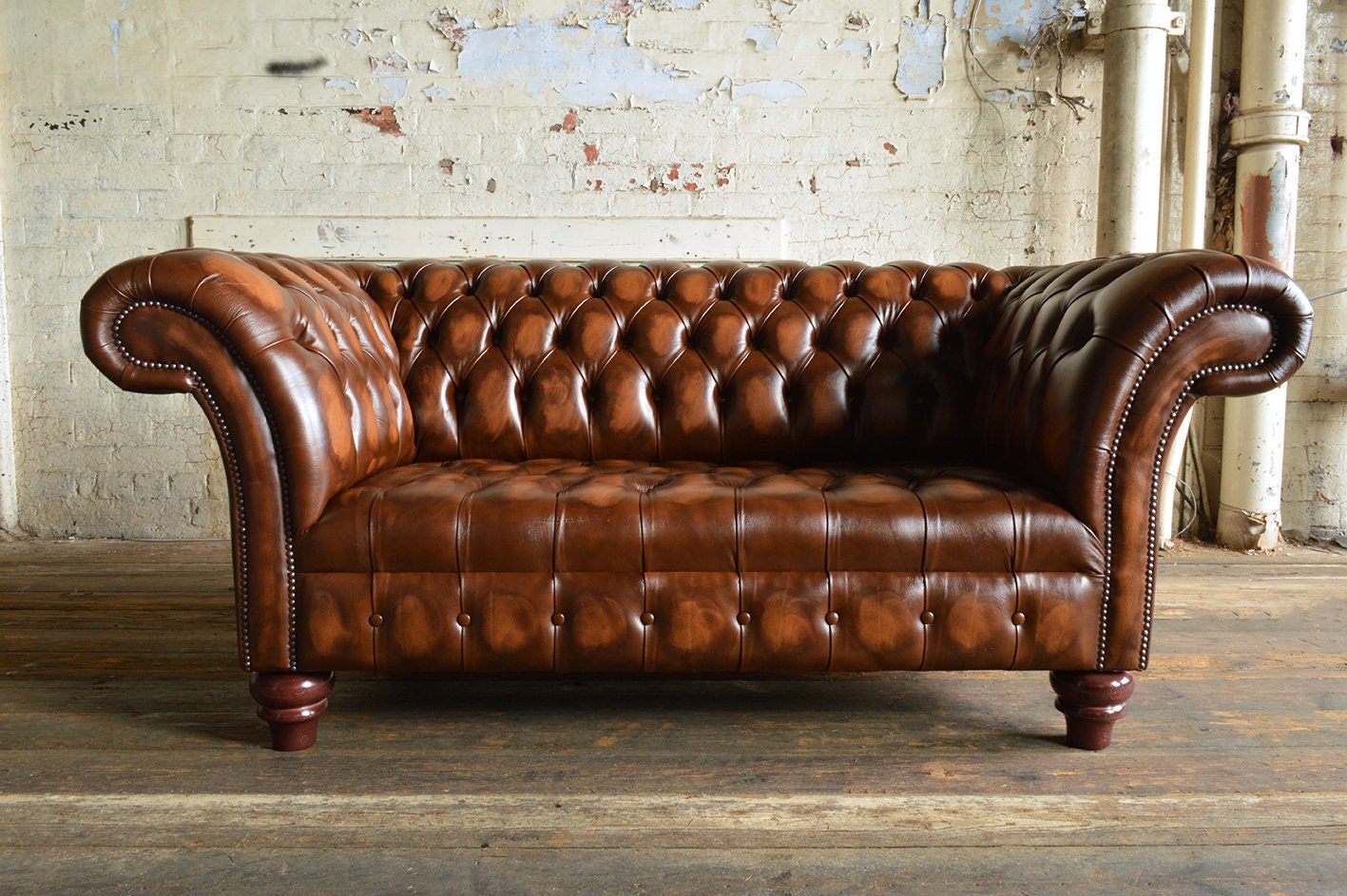 2 Seater Antique Tan Brown Leather Chesterfield Sofa British