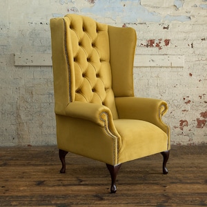 Mustard Velvet Chesterfield High Back Wing Chair British Handmade