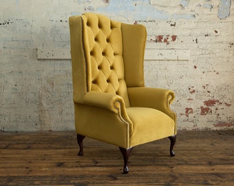 Mustard Velvet Chesterfield High Back Wing Chair, British Handmade