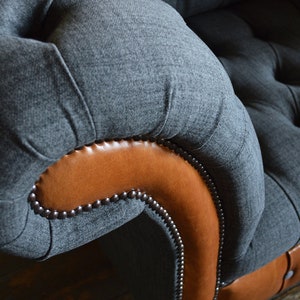 British Handmade Dark Grey Wool & Vintage Tan Leather Chesterfield ...