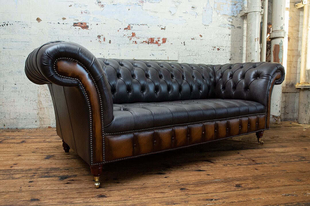 Handmade 3 Seater Vintage Grey With Antique Tan Leather Chesterfield ...