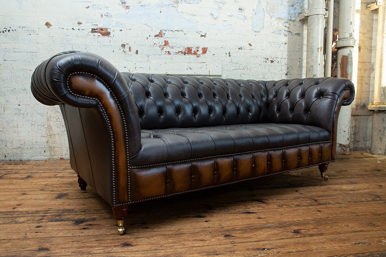 Handmade 3 Seater Vintage Grey With Antique Tan Leather Chesterfield ...