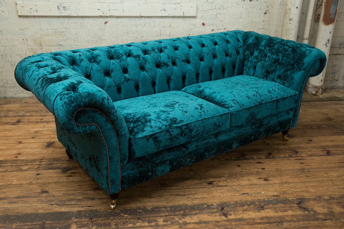 British Handmade 3 Seater Dark Teal Crushed Velvet Chesterfield Sofa - Etsy