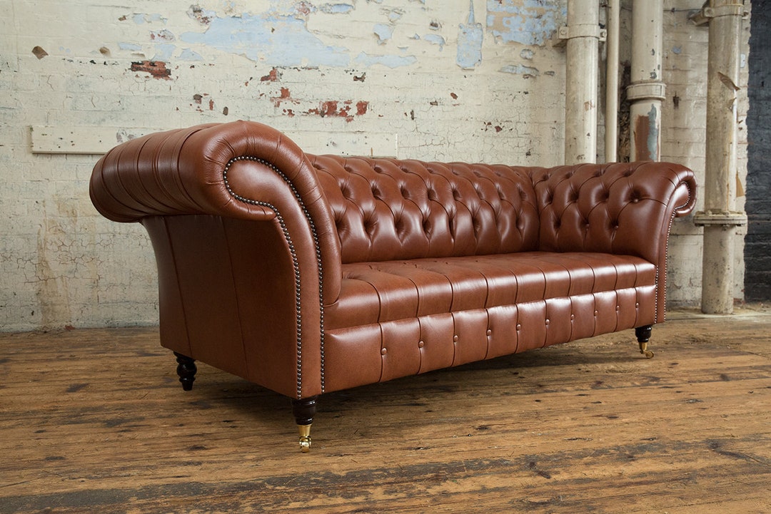 Handmade 3 Seater Vintage Mottled Tan Brown Leather Chesterfield Sofa ...