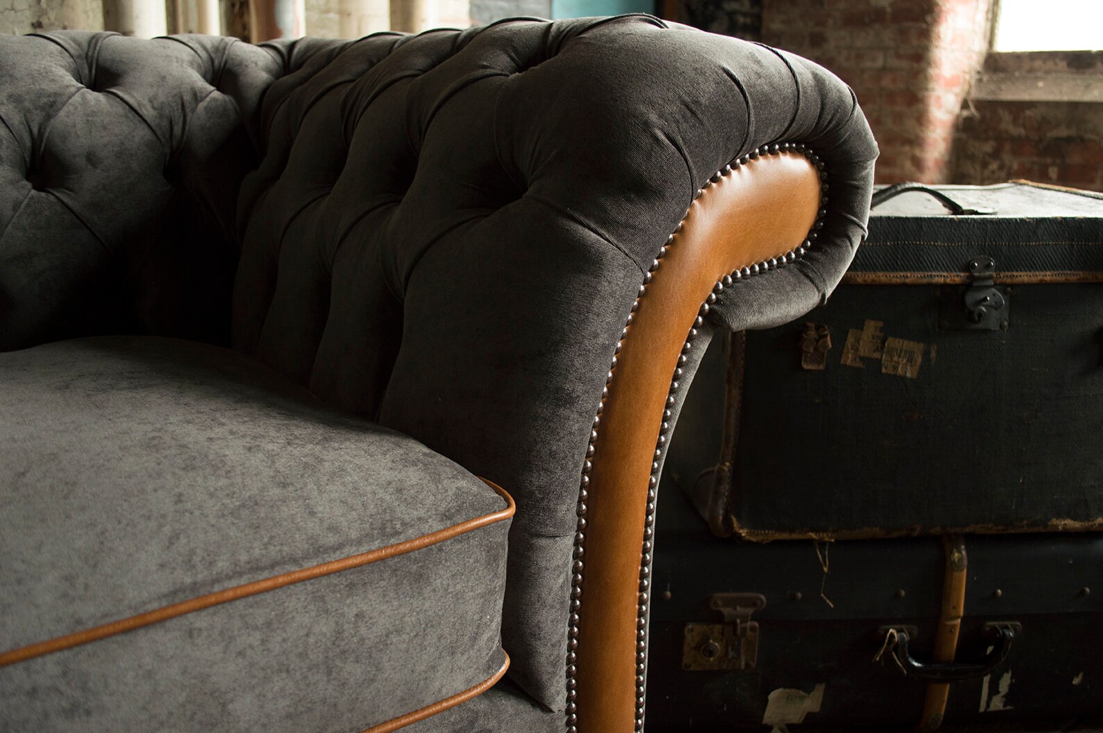 3 Seater Slate Grey Velvet Fabric Chesterfield Sofa, Vintage Tan ...