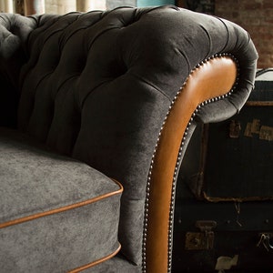 3 Seater Slate Grey Velvet Fabric Chesterfield Sofa, Vintage Tan ...