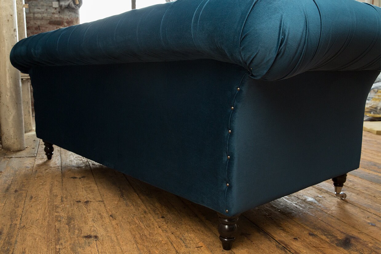 British Handmade 3 Seater Ocean Navy Blue Velvet Fabric Chesterfield ...