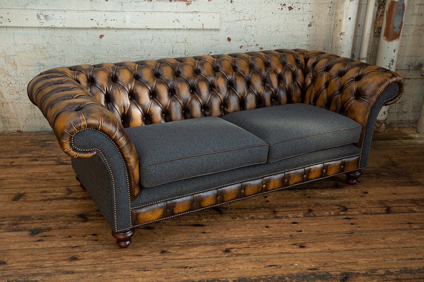 Handmade 3 Seater Antique Tan Leather Chesterfield Sofa & Dark Grey ...