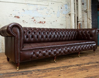 Grand canapé Chesterfield vintage en cuir marron foncé 6 places, britannique fait à la main