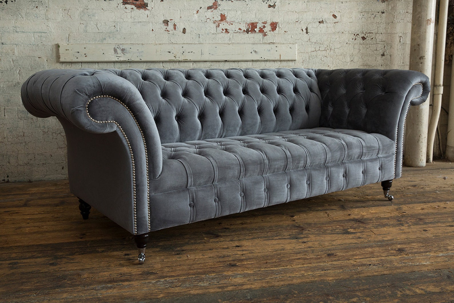 British Handmade 3 Seater Grey Velvet Fabric Chesterfield Sofa - Etsy UK