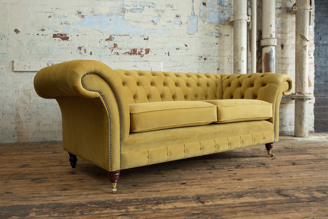 3 Seater Mustard Yellow Velvet Fabric Chesterfield Sofa Etsy UK