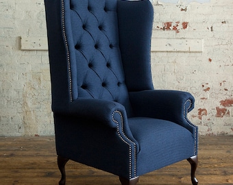 British Handmade Navy Herringbone Wool Chesterfield Highback  Wing Chair