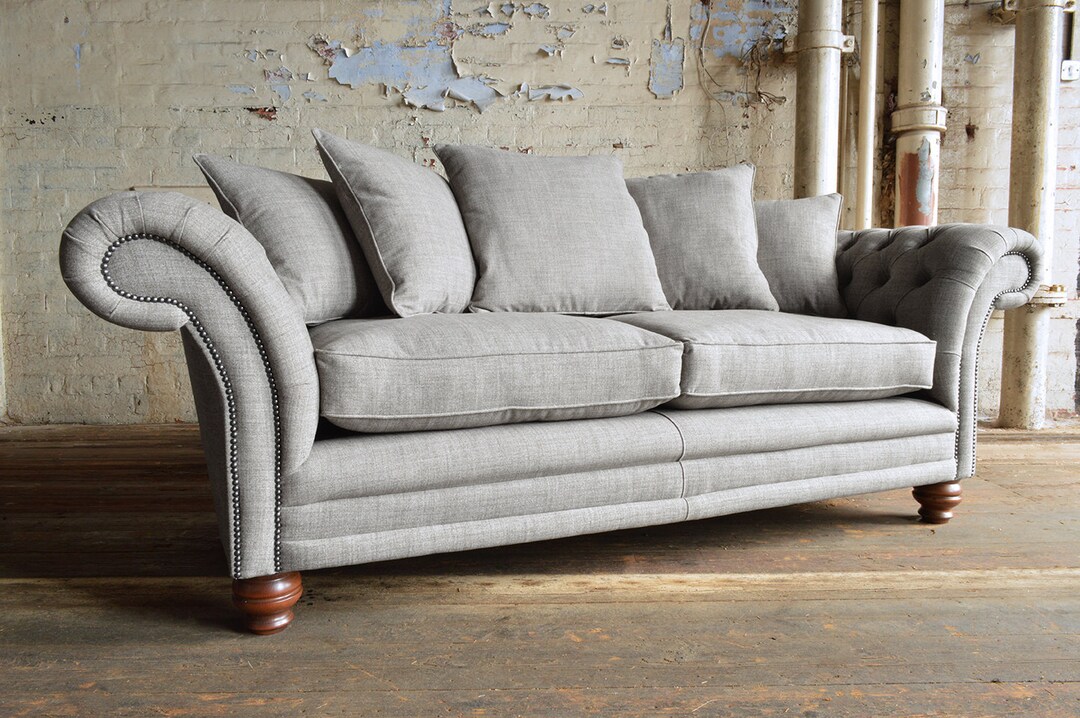 Unique British Handmade Light Grey Plain Wool 3 Seater Chesterfield ...