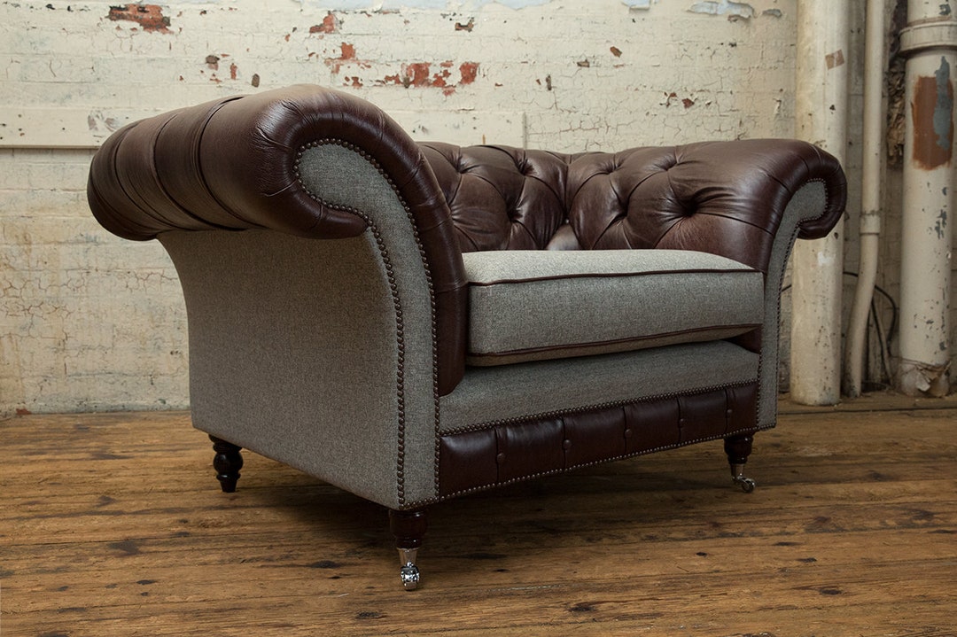 Vintage Dark Brown Leather Chesterfield Snuggle Chair Chair, Grey ...