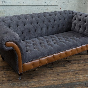 Handmade Large 3 Seater Slate Grey Velvet & Tan Brown Leather ...