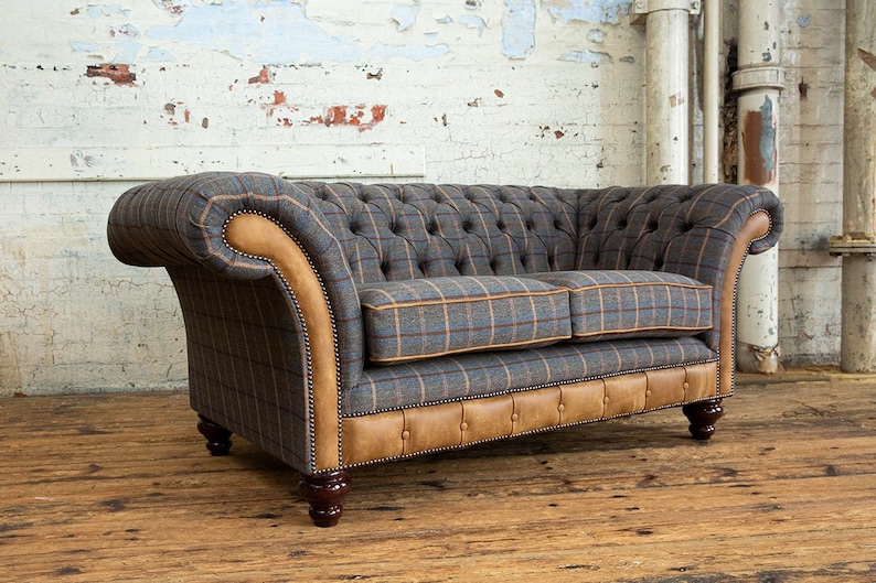 2 Seater Tan Tweed Chesterfield Sofa Distressed Tan Brown Etsy UK