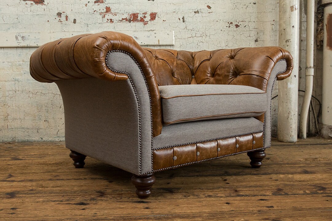 Vintage Tan Leather & Warm Grey Wool Snuggle Chesterfield Armchair ...